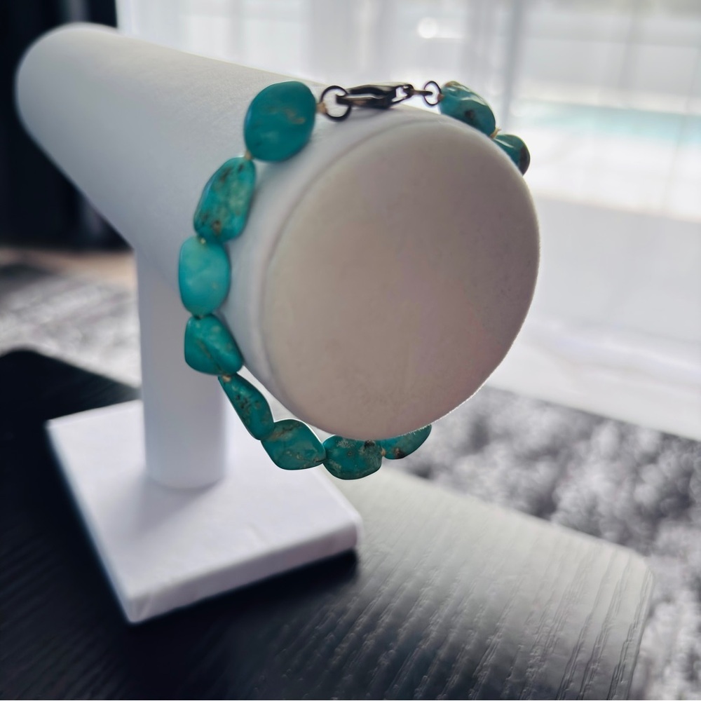 Turquoise Nugget Bead Bracelet Silver Tone Clasp Southwestern Boho - Picture 7 of 7